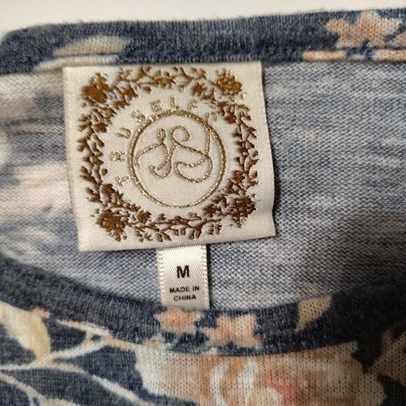 Truself Long Sleeve Women's Top M 42 Tan Navy Pink Roses Stripe - Picture 3 of 5